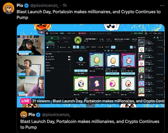 Pio Vincenzo, crypto influencer X post screenshit