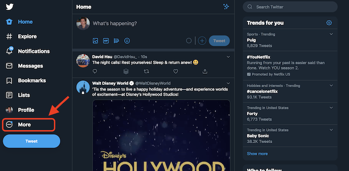 Twitter menu dashboard