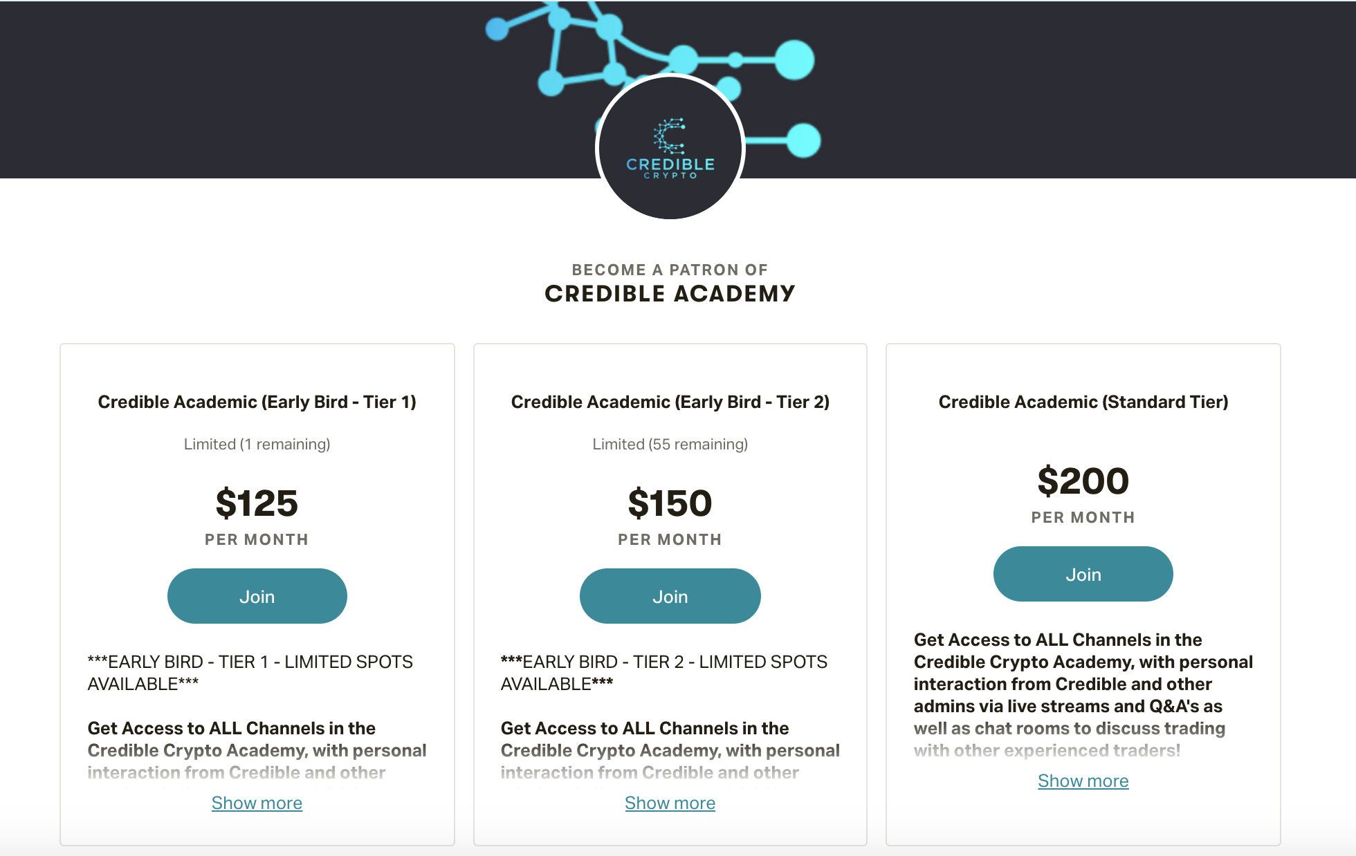 Credbly Crypto Academy Pricing Tiers